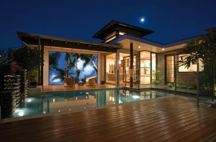 Pool and patio at dusk